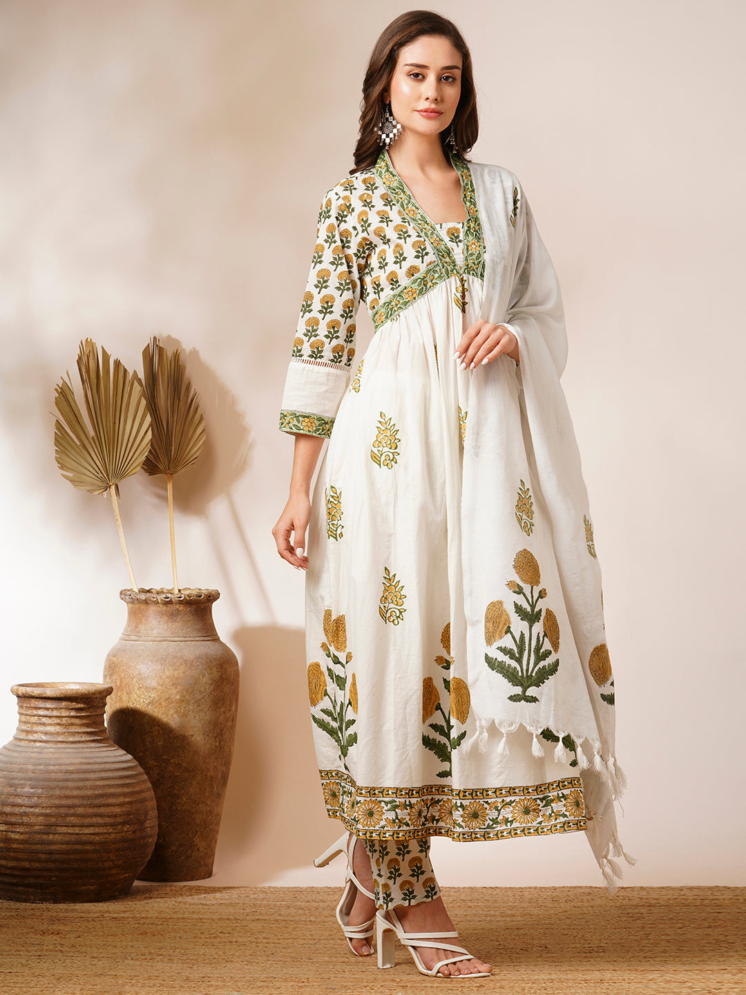 Floral Block Printed A-Line Pleated Kurta with Pant and Dupatta - White