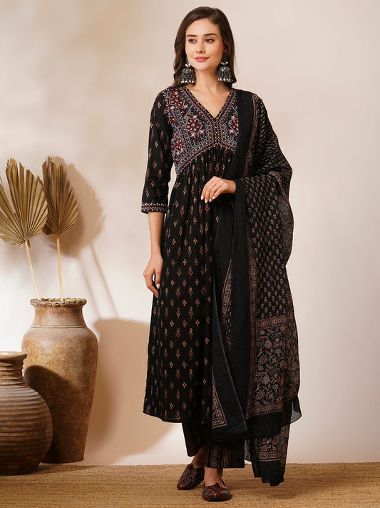 Ethnic Printed & Embroidered A-Line Pleated Kurta with Pant and Dupatta - Black