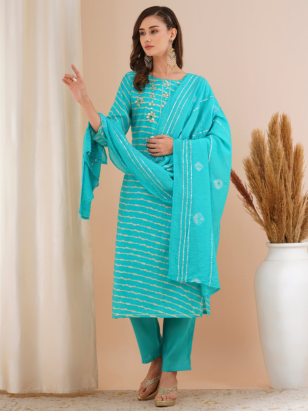 Leheriya Printed & Embroidered Straight Kurta with Pant & Tie-Dyed Dupatta - Turquoise Blue