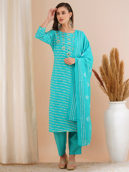 Leheriya Printed & Embroidered Straight Kurta with Pant & Tie-Dyed Dupatta - Turquoise Blue