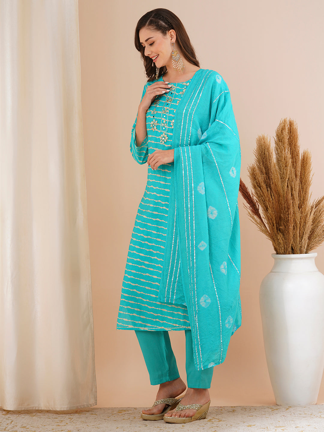 Leheriya Printed & Embroidered Straight Kurta with Pant & Tie-Dyed Dupatta - Turquoise Blue