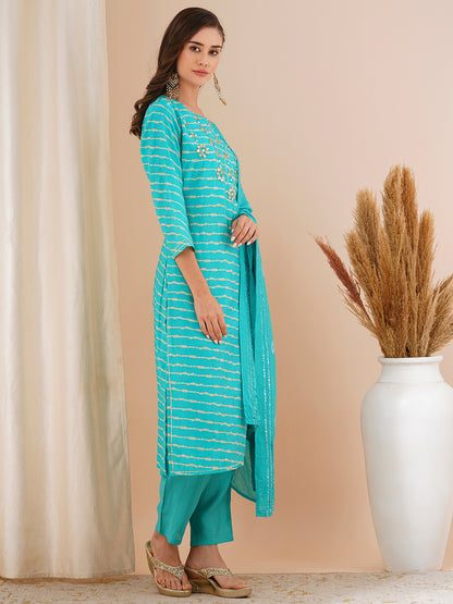 Leheriya Printed & Embroidered Straight Kurta with Pant & Tie-Dyed Dupatta - Turquoise Blue