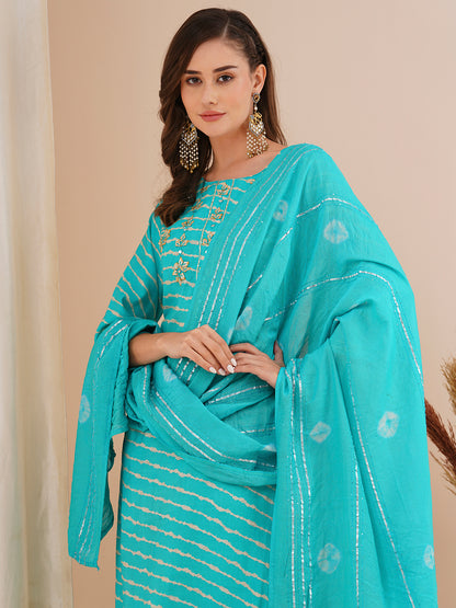 Leheriya Printed & Embroidered Straight Kurta with Pant & Tie-Dyed Dupatta - Turquoise Blue