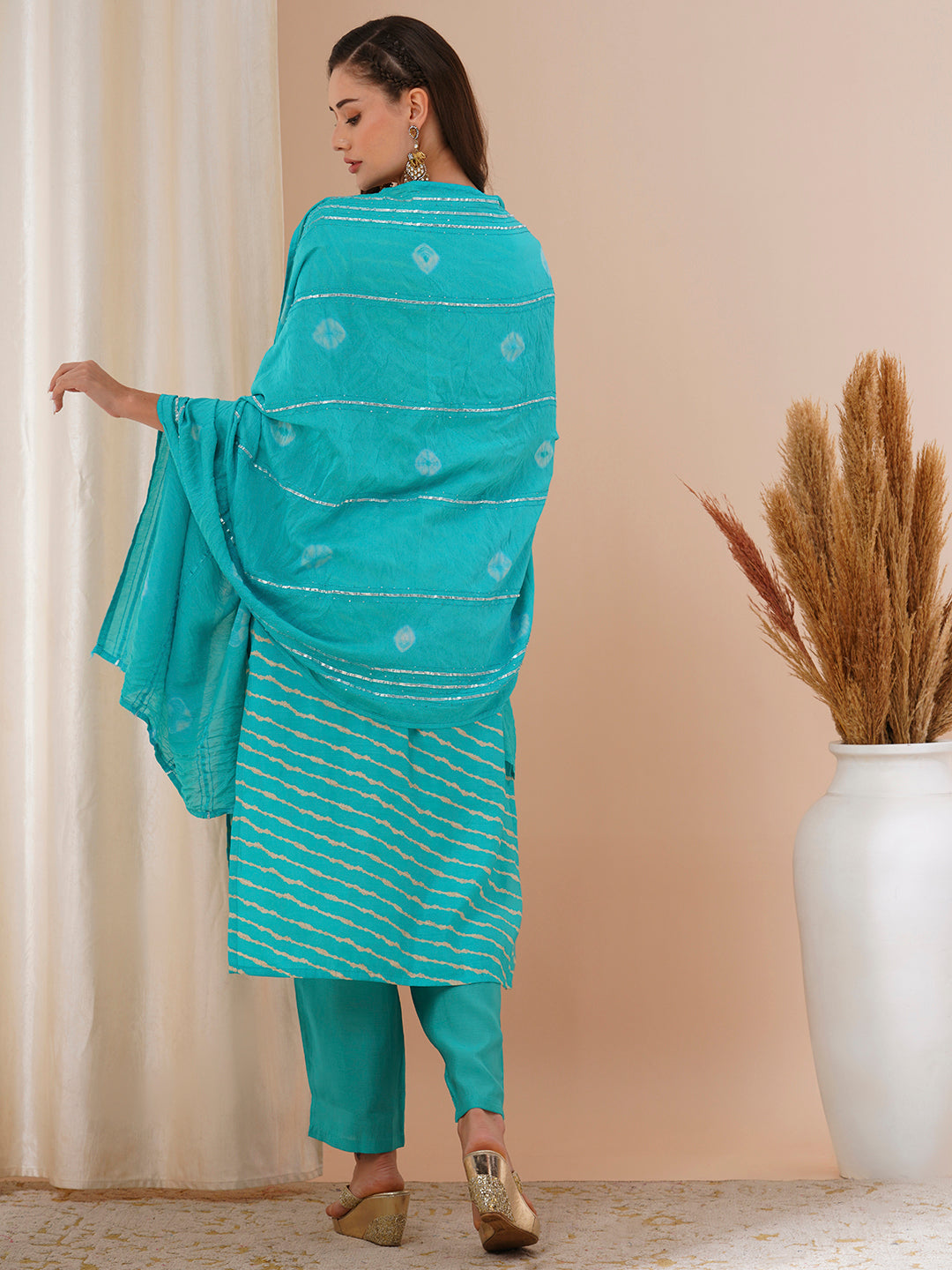 Leheriya Printed & Embroidered Straight Kurta with Pant & Tie-Dyed Dupatta - Turquoise Blue