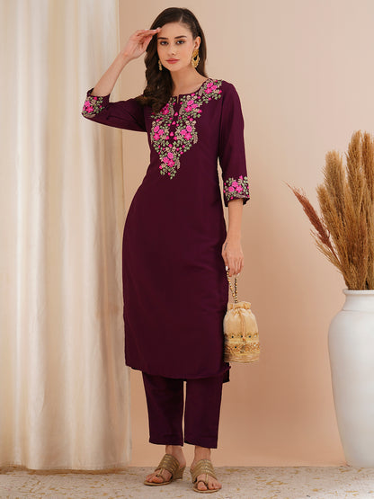 Solid Floral Embroidered Straight Fit Co-ord Set - Burgundy