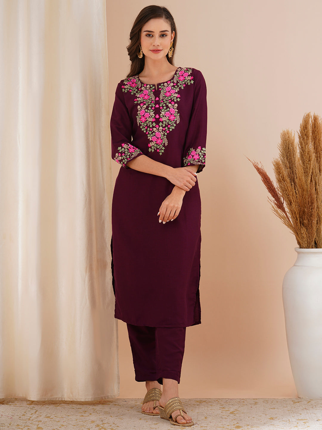 Solid Floral Embroidered Straight Fit Co-ord Set - Burgundy