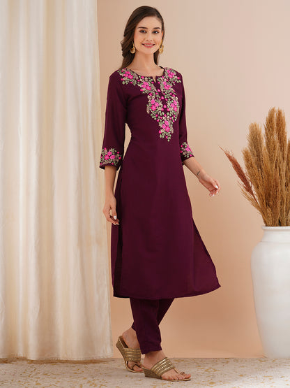 Solid Floral Embroidered Straight Fit Co-ord Set - Burgundy