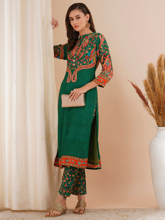 Ethnic Floral Printed & Embroidered Straight Fit Kurta with Pant - Green