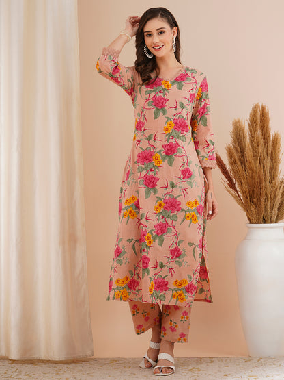 Floral Printed Straight Fit Kurta with Pant - Rose Gold
