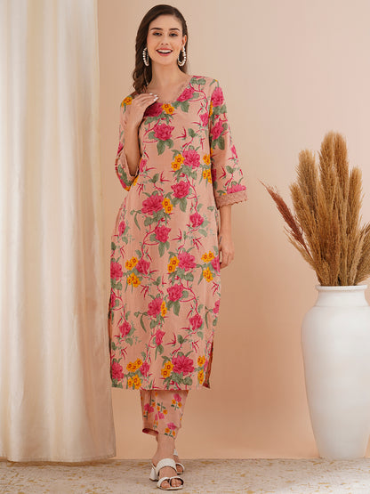 Floral Printed Straight Fit Kurta with Pant - Rose Gold