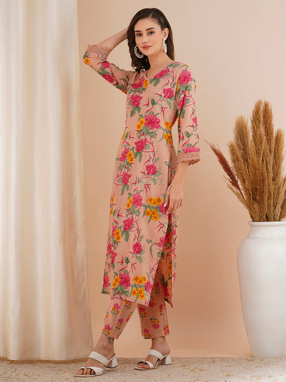 Floral Printed Straight Fit Kurta with Pant - Rose Gold