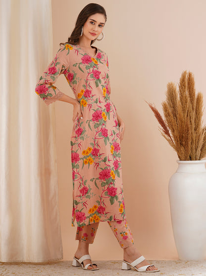 Floral Printed Straight Fit Kurta with Pant - Rose Gold