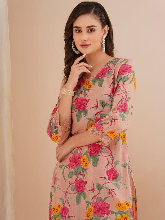Floral Printed Straight Fit Kurta with Pant - Rose Gold