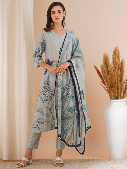 Abstract Floral Printed & Hand Embroidered Straight Fit Kurta with Pant and Dupatta - Grey