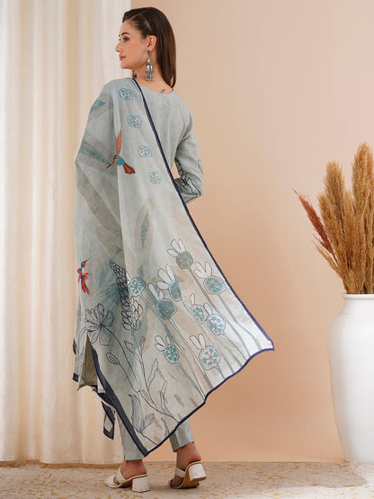 Abstract Floral Printed & Hand Embroidered Straight Fit Kurta with Pant and Dupatta - Grey