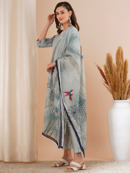 Abstract Floral Printed & Hand Embroidered Straight Fit Kurta with Pant and Dupatta - Grey