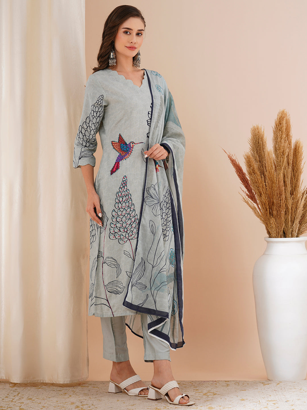 Abstract Floral Printed & Hand Embroidered Straight Fit Kurta with Pant and Dupatta - Grey