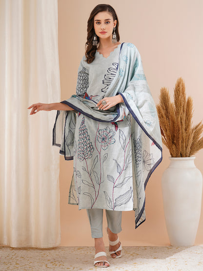 Abstract Floral Printed & Hand Embroidered Straight Fit Kurta with Pant and Dupatta - Grey