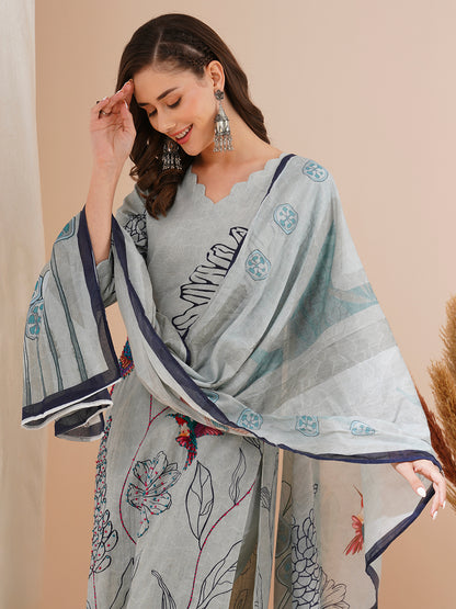 Abstract Floral Printed & Hand Embroidered Straight Fit Kurta with Pant and Dupatta - Grey