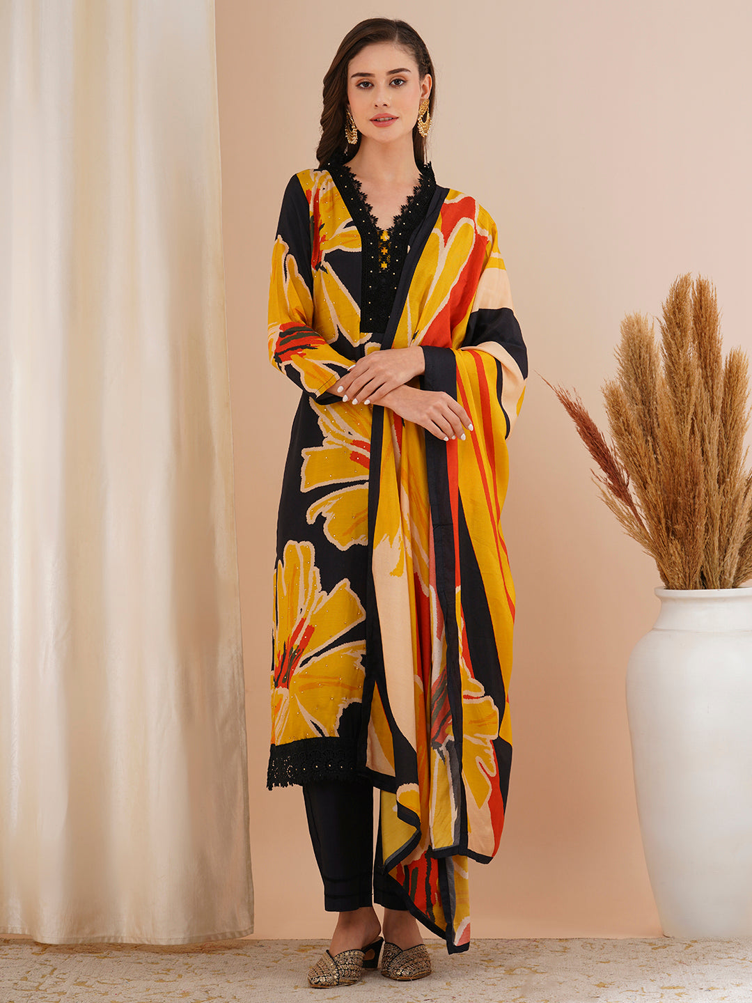 Abstract Floral Printed & Embroidered Straight Kurta with Pant & Dupatta - Black