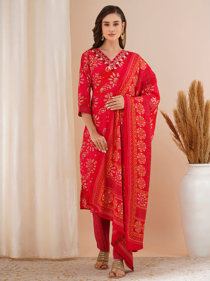 Ethnic Printed & Mirror Embroidered Straight Kurta with Pant & Dupatta - Red