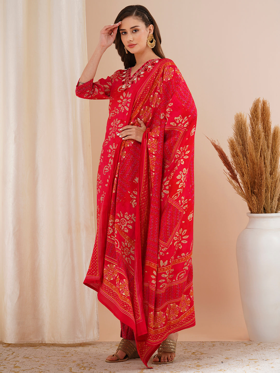 Ethnic Printed & Mirror Embroidered Straight Kurta with Pant & Dupatta - Red