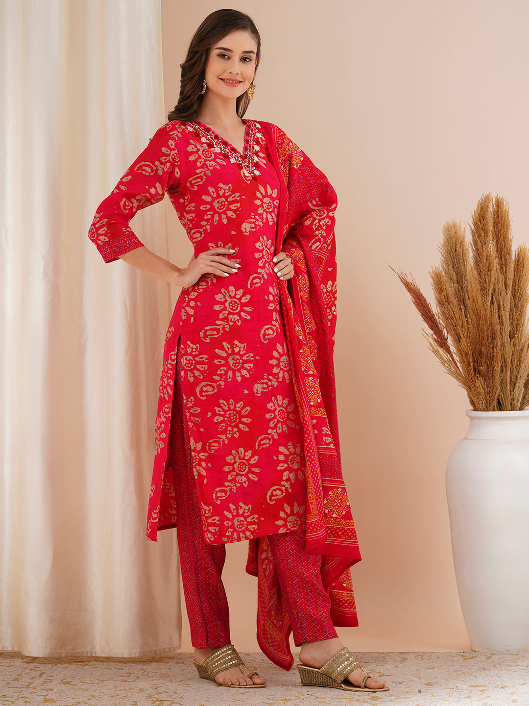 Ethnic Printed & Mirror Embroidered Straight Kurta with Pant & Dupatta - Red