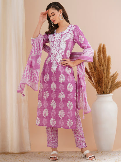 Floral Printed & Chikankari Embroidered Kurta with Pant & Dupatta - Purple