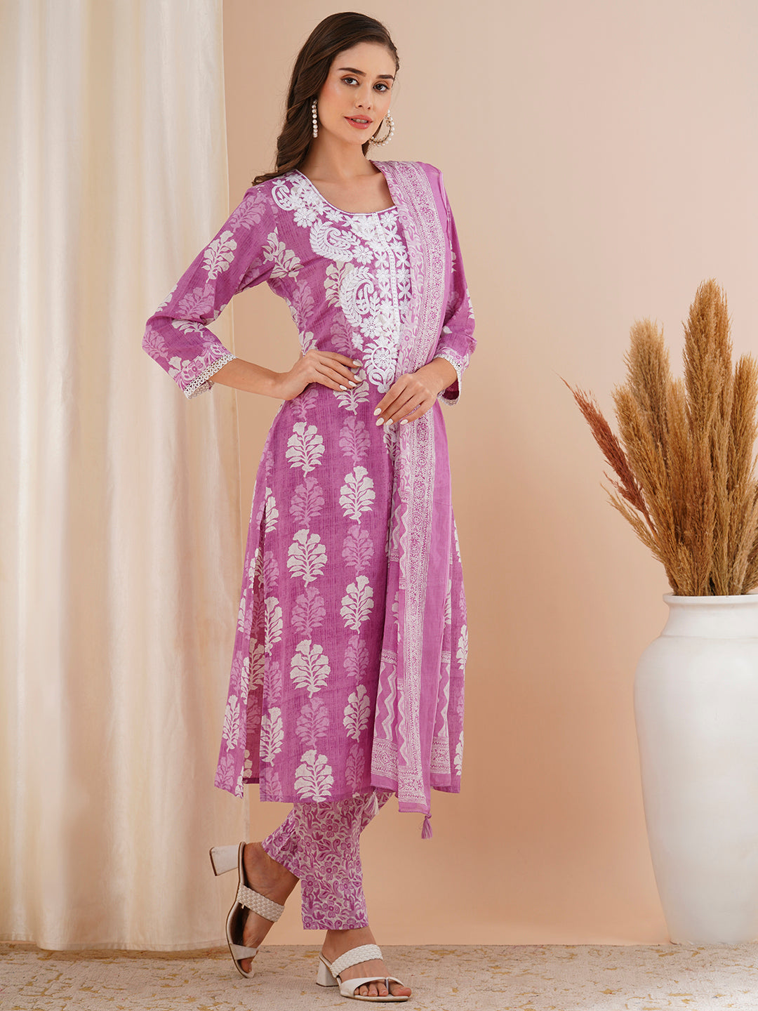 Floral Printed & Chikankari Embroidered Kurta with Pant & Dupatta - Purple