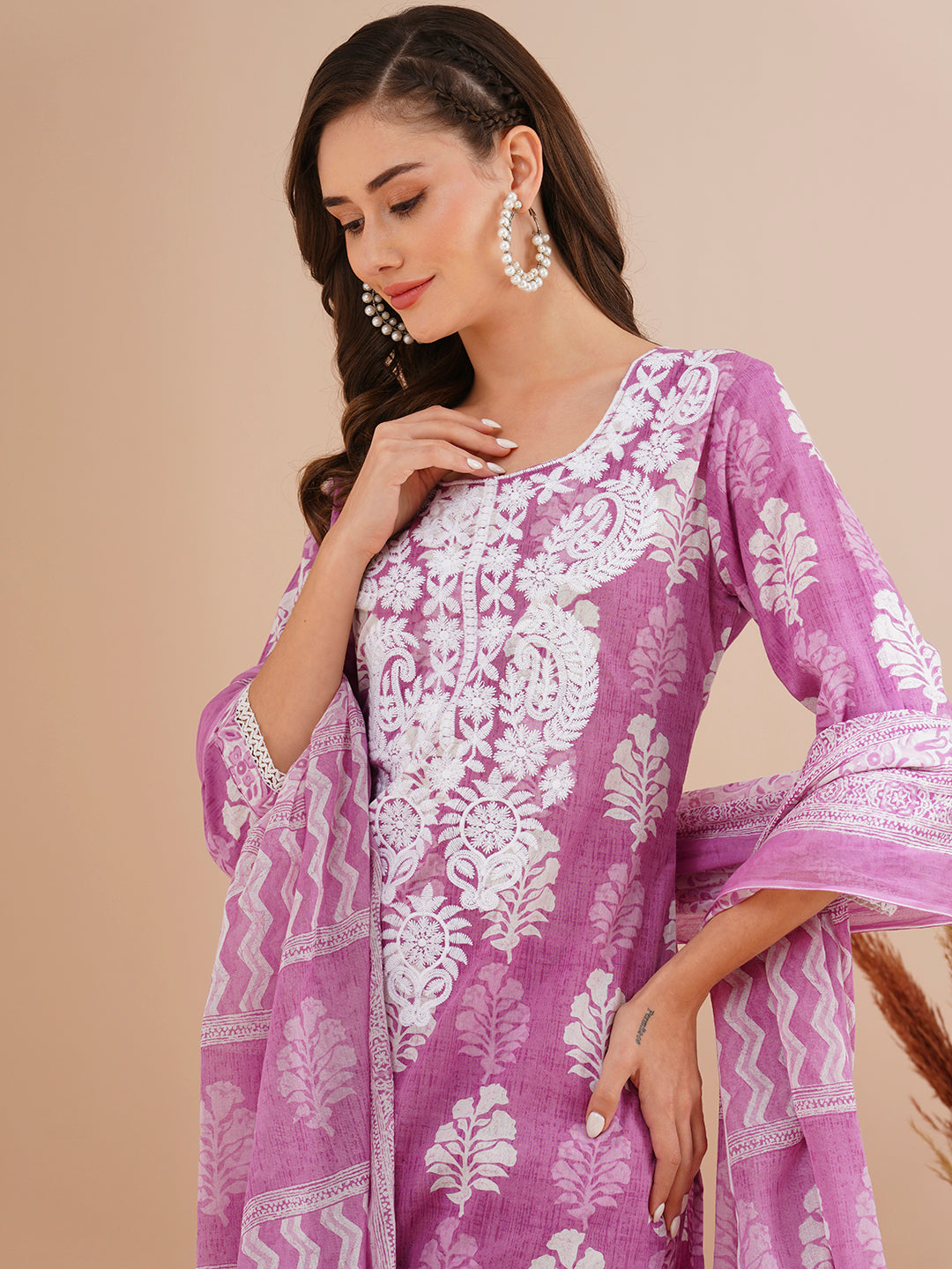 Floral Printed & Chikankari Embroidered Kurta with Pant & Dupatta - Purple