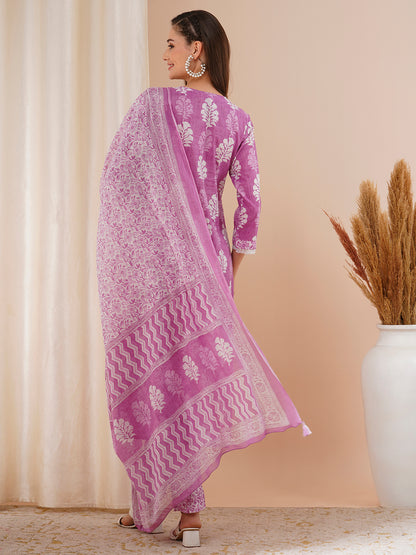 Floral Printed & Chikankari Embroidered Kurta with Pant & Dupatta - Purple