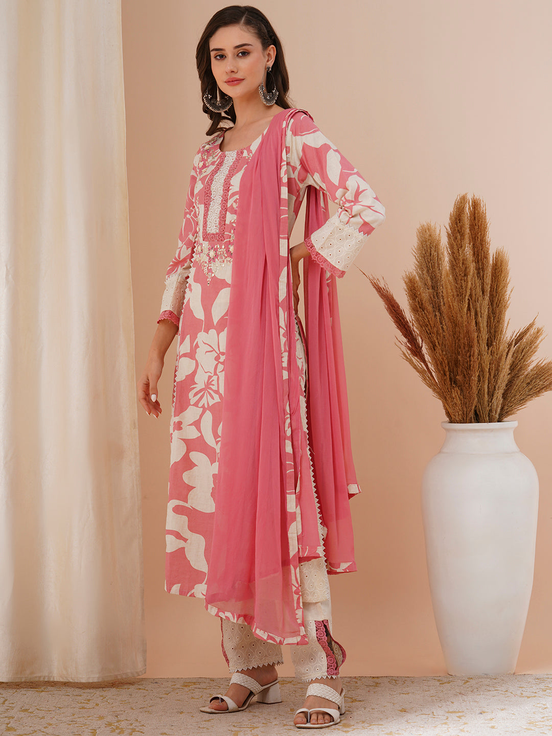 Abstract Floral Printed & Embroidered A-Line Kurta with Pant & Dupatta - Pink