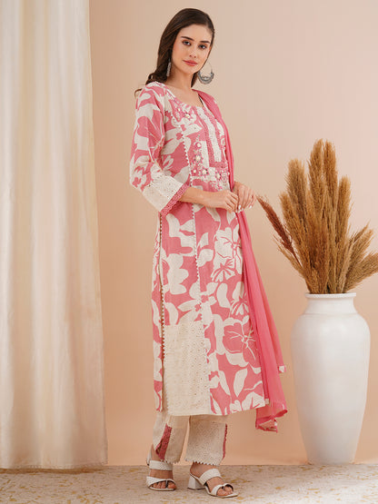 Abstract Floral Printed & Embroidered A-Line Kurta with Pant & Dupatta - Pink