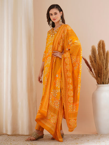 Ethnic Printed & Mirror Embroidered Straight Kurta with Pant & Dupatta - Yellow