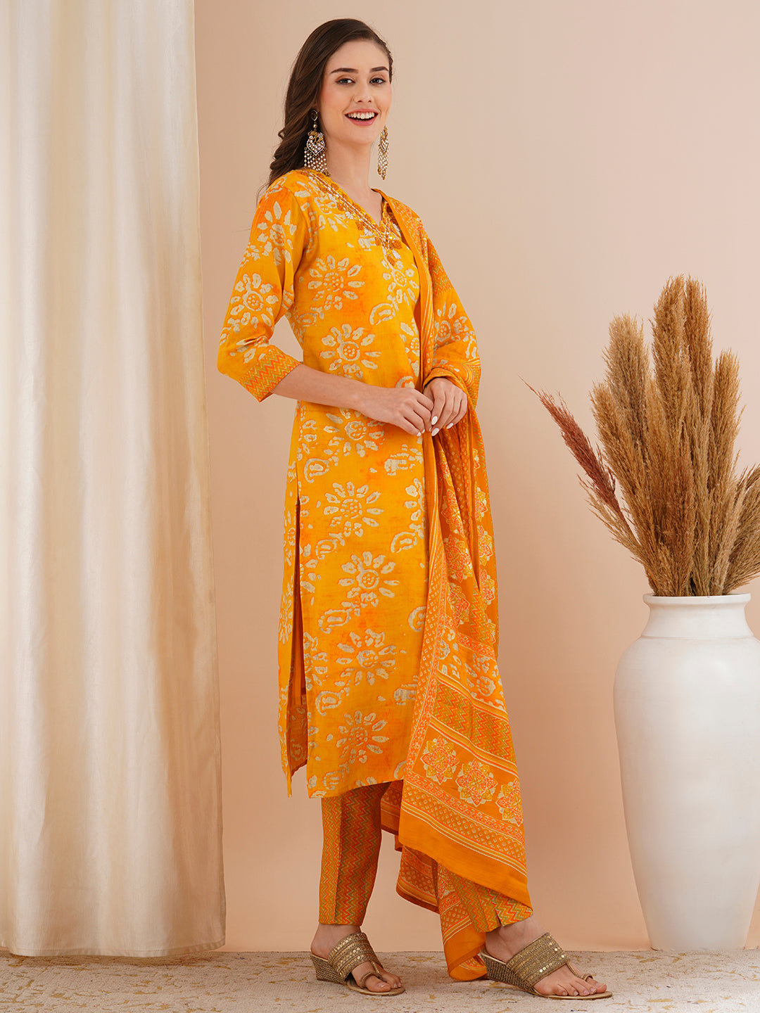 Ethnic Printed & Mirror Embroidered Straight Kurta with Pant & Dupatta - Yellow