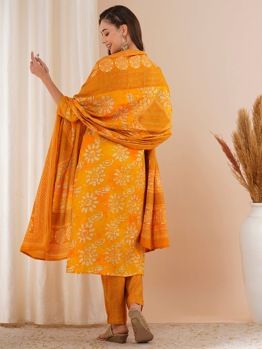 Ethnic Printed & Mirror Embroidered Straight Kurta with Pant & Dupatta - Yellow