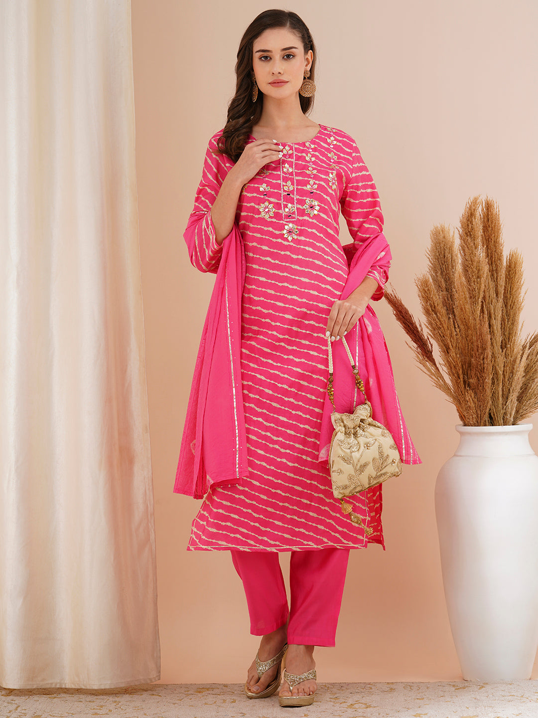 Leheriya Printed & Embroidered Straight Kurta with Pant & Tie-Dyed Dupatta - Pink