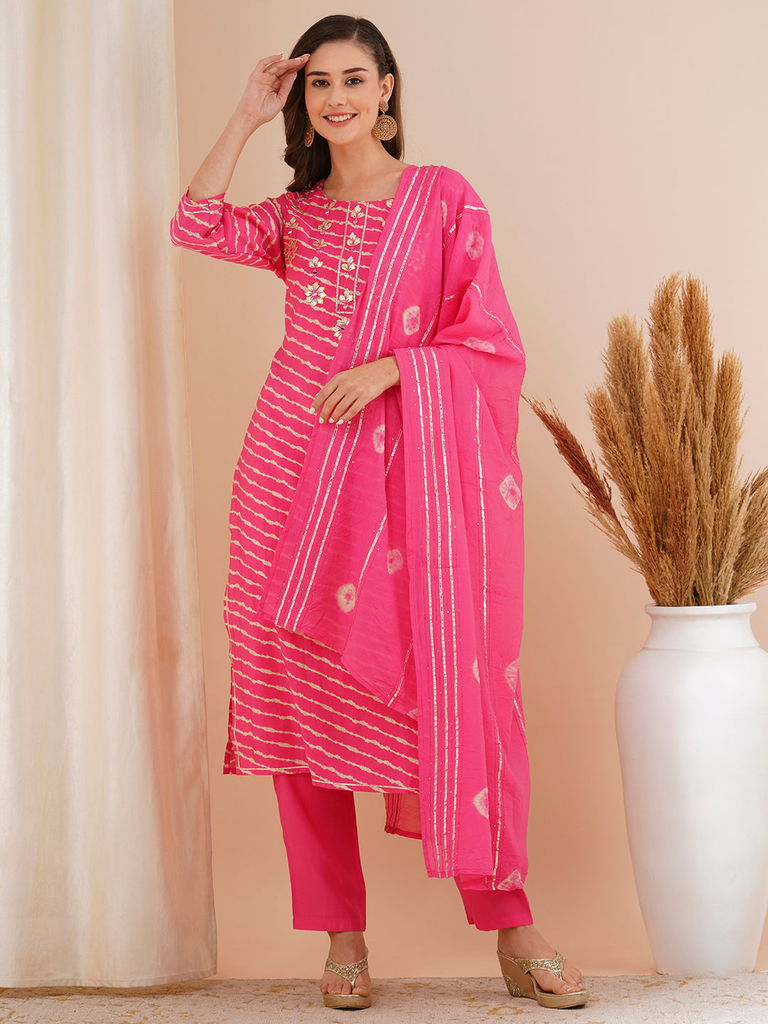 Leheriya Printed & Embroidered Straight Kurta with Pant & Tie-Dyed Dupatta - Pink