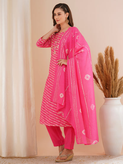 Leheriya Printed & Embroidered Straight Kurta with Pant & Tie-Dyed Dupatta - Pink