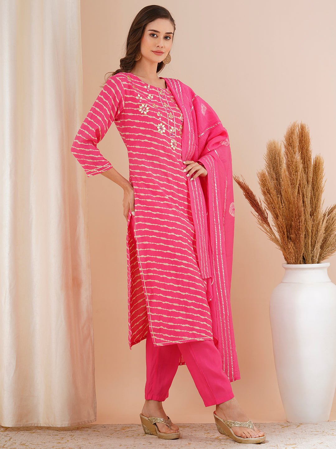 Leheriya Printed & Embroidered Straight Kurta with Pant & Tie-Dyed Dupatta - Pink