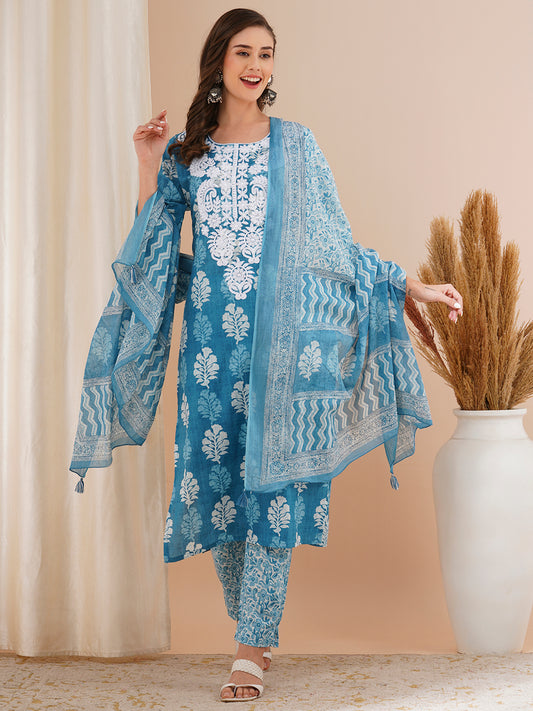 Floral Printed & Chikankari Embroidered Straight Fit Kurta with Pant and Dupatta - Blue