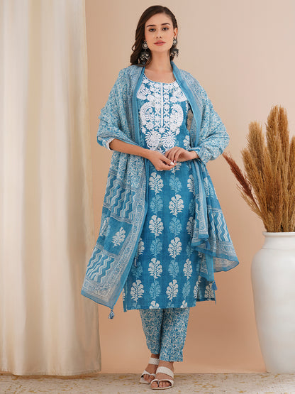 Floral Printed & Chikankari Embroidered Straight Fit Kurta with Pant and Dupatta - Blue