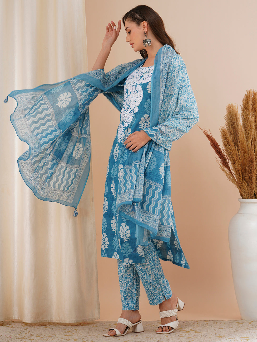 Floral Printed & Chikankari Embroidered Straight Fit Kurta with Pant and Dupatta - Blue