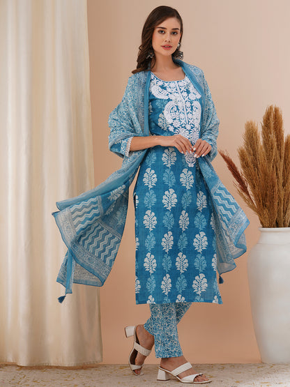 Floral Printed & Chikankari Embroidered Straight Fit Kurta with Pant and Dupatta - Blue