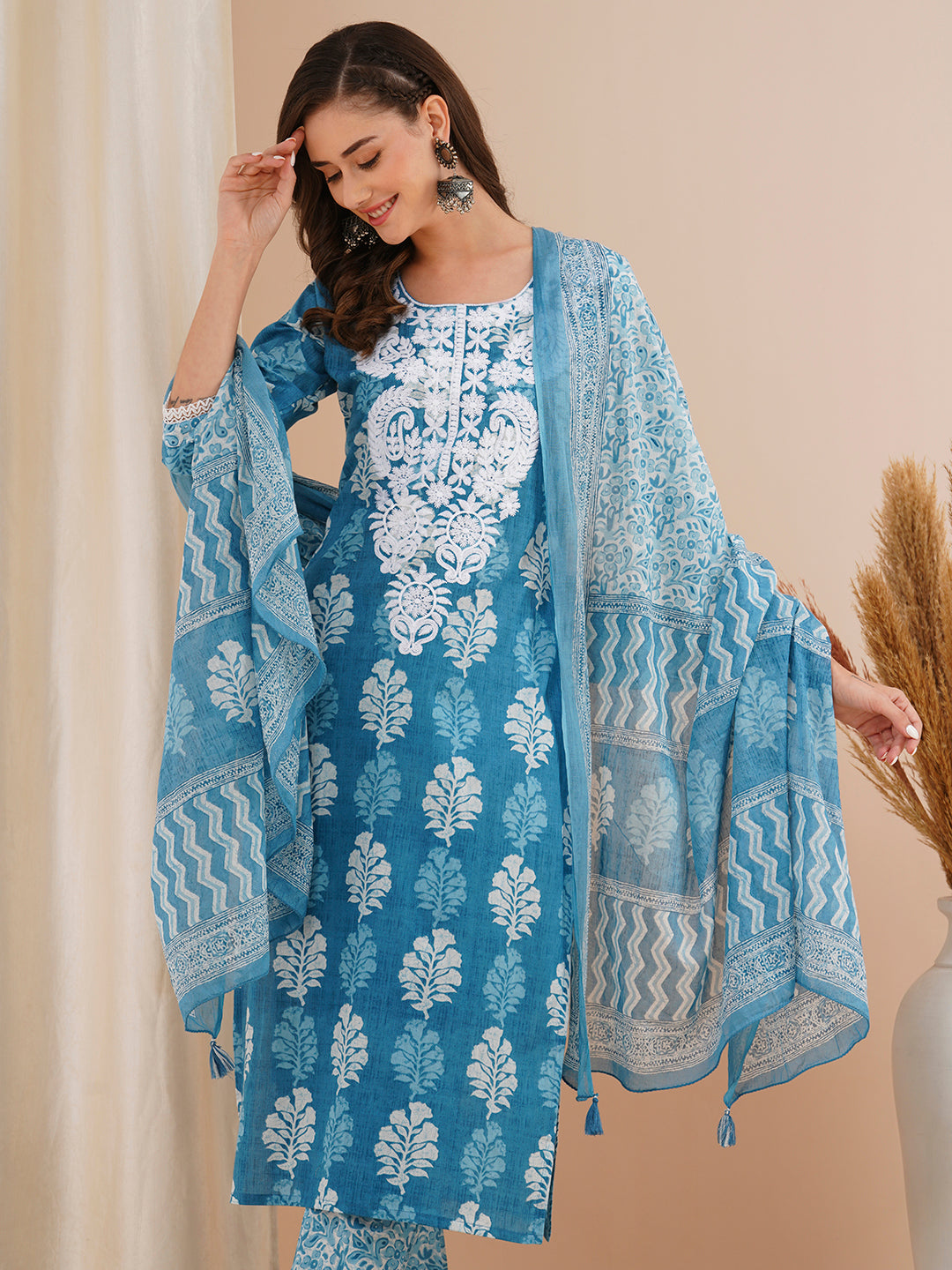 Floral Printed & Chikankari Embroidered Straight Fit Kurta with Pant and Dupatta - Blue