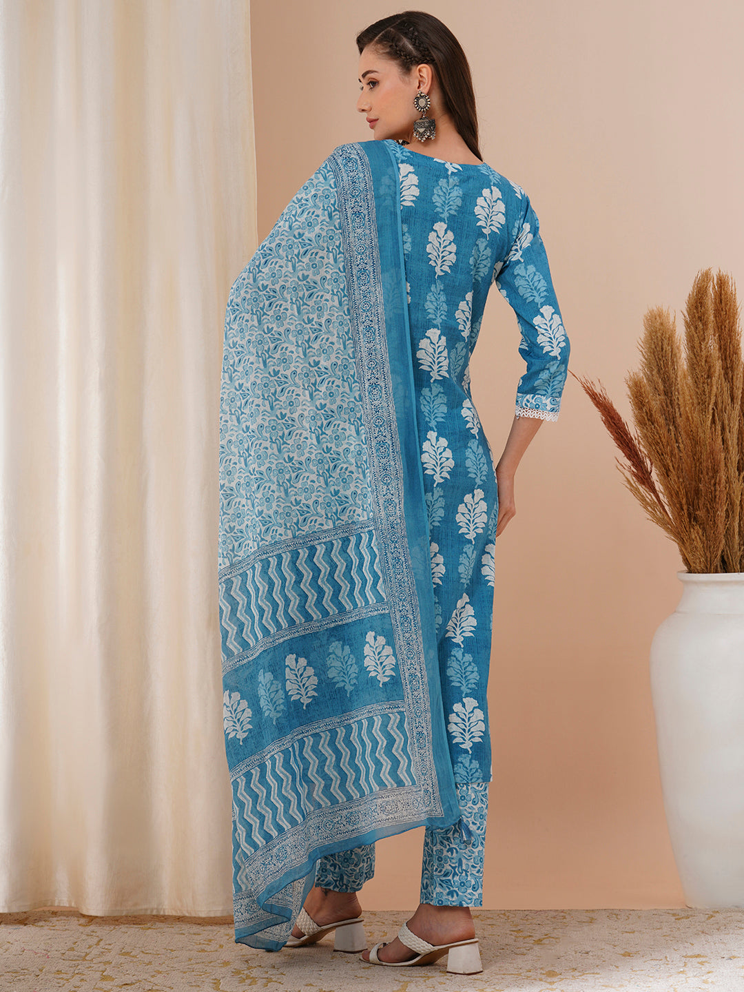 Floral Printed & Chikankari Embroidered Straight Fit Kurta with Pant and Dupatta - Blue