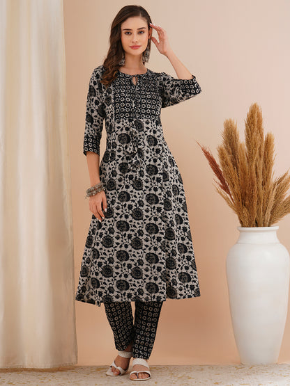 Ethnic Floral Printed & Embroidered A-Line Kurta with Pant - Grey