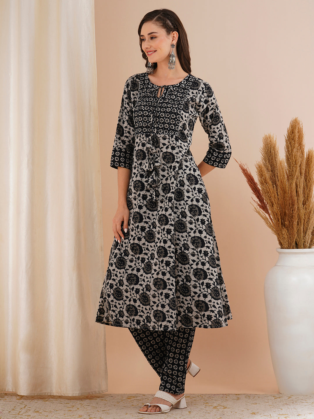 Ethnic Floral Printed & Embroidered A-Line Kurta with Pant - Grey