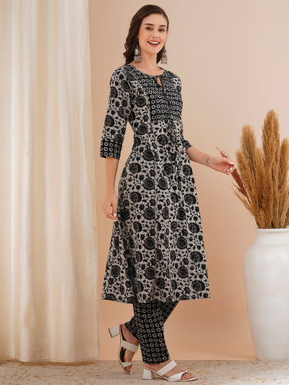 Ethnic Floral Printed & Embroidered A-Line Kurta with Pant - Grey