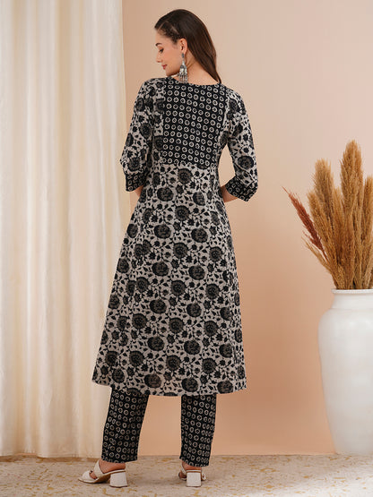 Ethnic Floral Printed & Embroidered A-Line Kurta with Pant - Grey